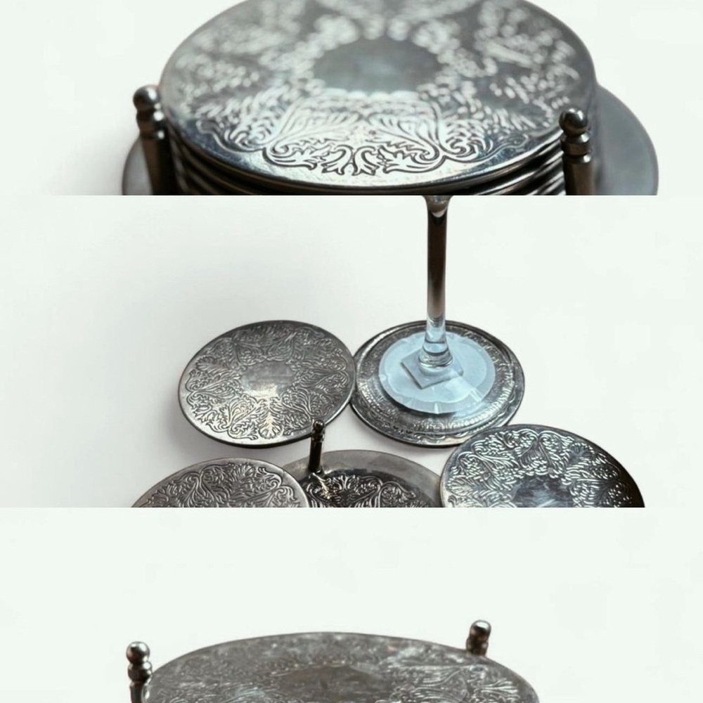 Silver Floral-Engraved Metal Coaster Set